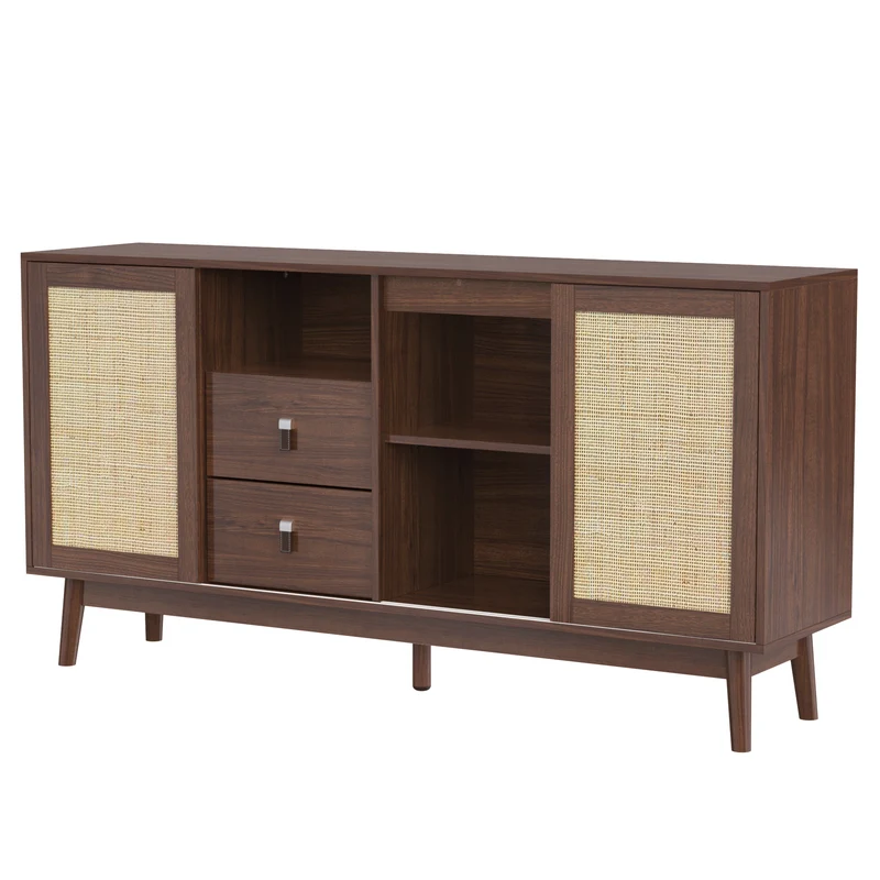 Buffet effet bois noyer avec 3 portes coulissantes en rotin et 2 tiroirs 155x38x80cm USOH WALNUT