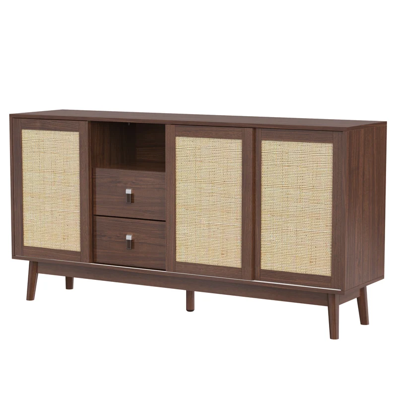 Buffet effet bois noyer avec 3 portes coulissantes en rotin et 2 tiroirs 155x38x80cm USOH WALNUT