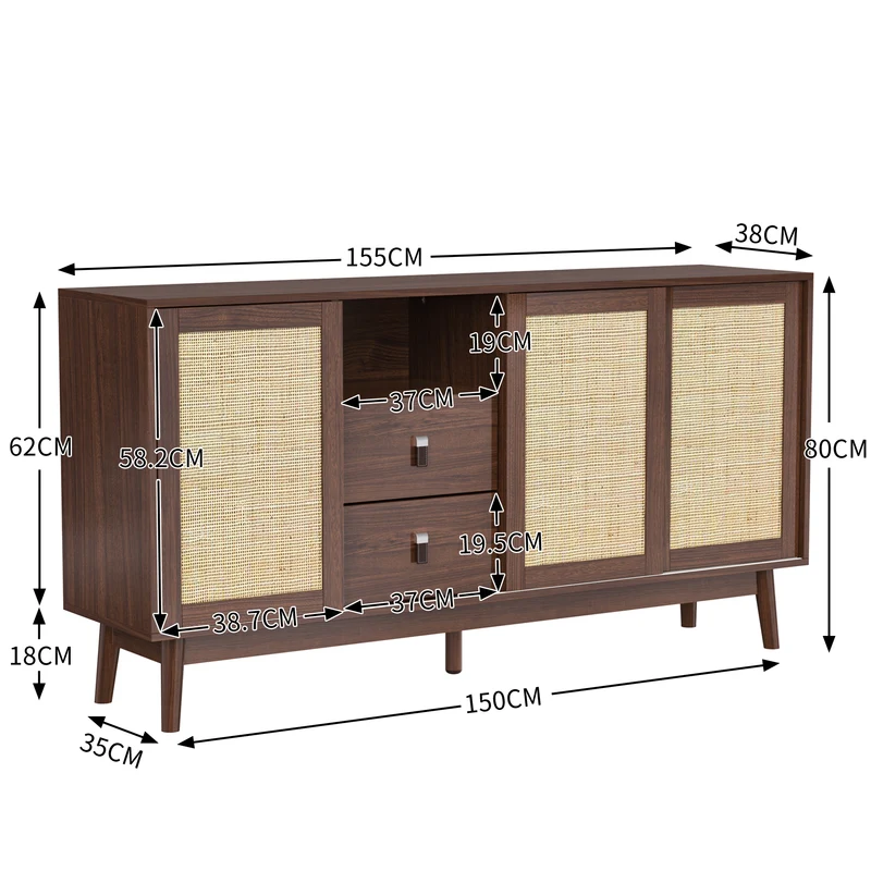 Buffet effet bois noyer avec 3 portes coulissantes en rotin et 2 tiroirs 155x38x80cm USOH WALNUT