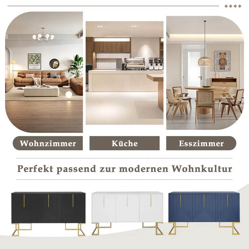Buffet haut avec 3 portes bleu marine motif de forme U H81/B138/T40 CRUUGREN BLUE