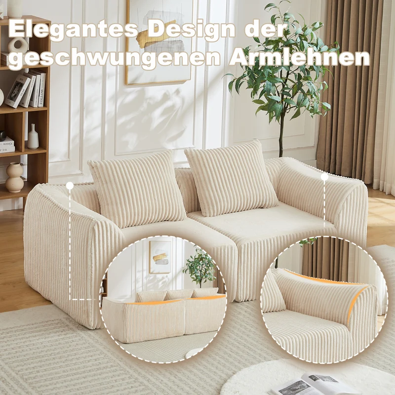 Canapé 2 places en velours côtelé beige, 2 coussins sans montage VERTEXVYNRAKYN