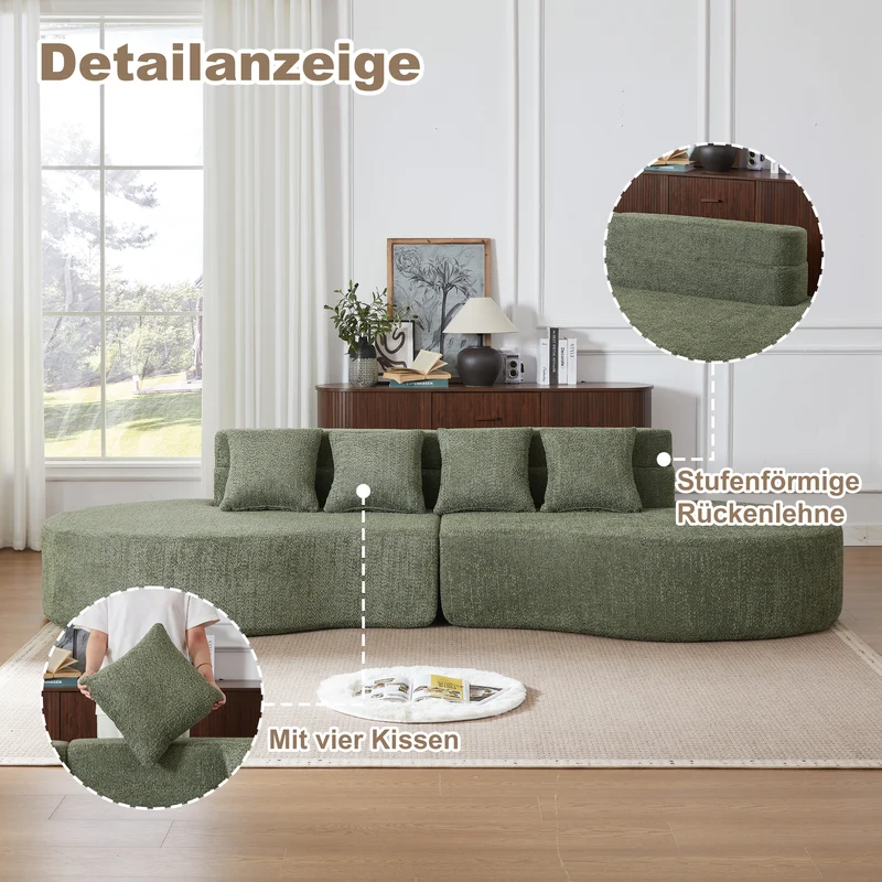 Canapé grande 4-5 places chenille vert, mousse mémoire sans cadre VERTEXKRYNNATHOR