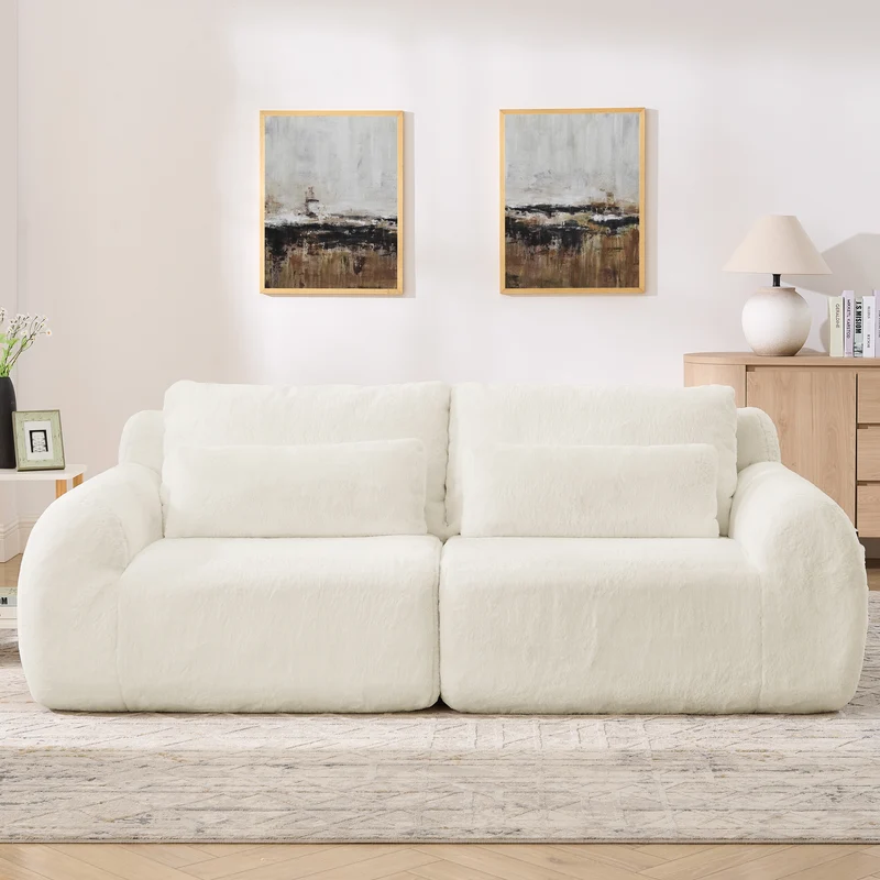 Canapé 2 places en fausse fourrure de lapin, beige, USB, poche latérale VERTEXZYNTHYNOR