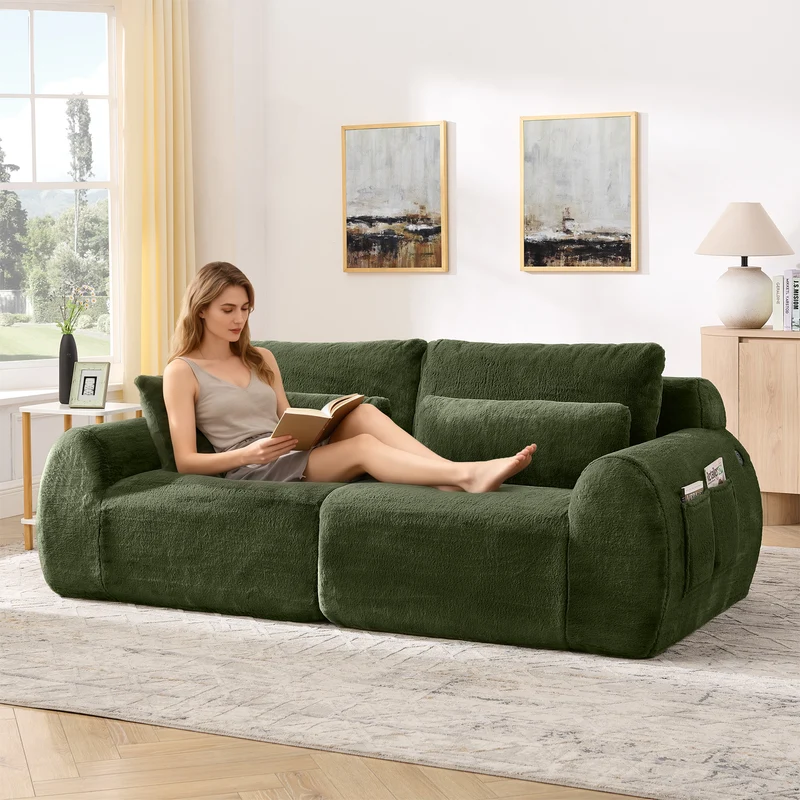 Canapé 2 places en fausse fourrure de lapin, vert, USB, poche latérale VERTEXVORNATHYN