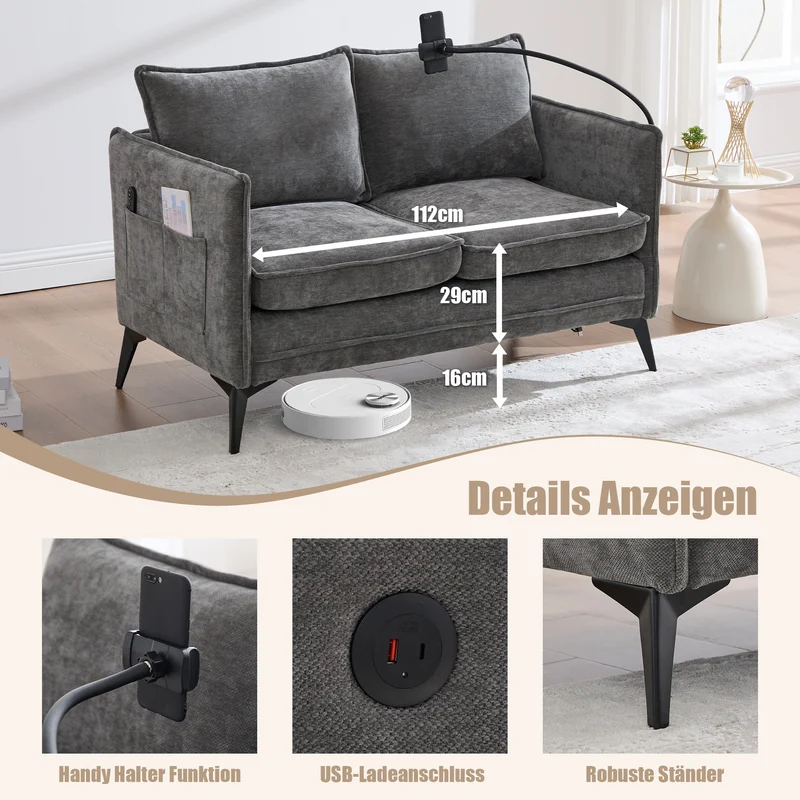 Canapé 2 places en tissu chenille gris avec support téléphone réglable 127x69x66cm INFINITEONYX