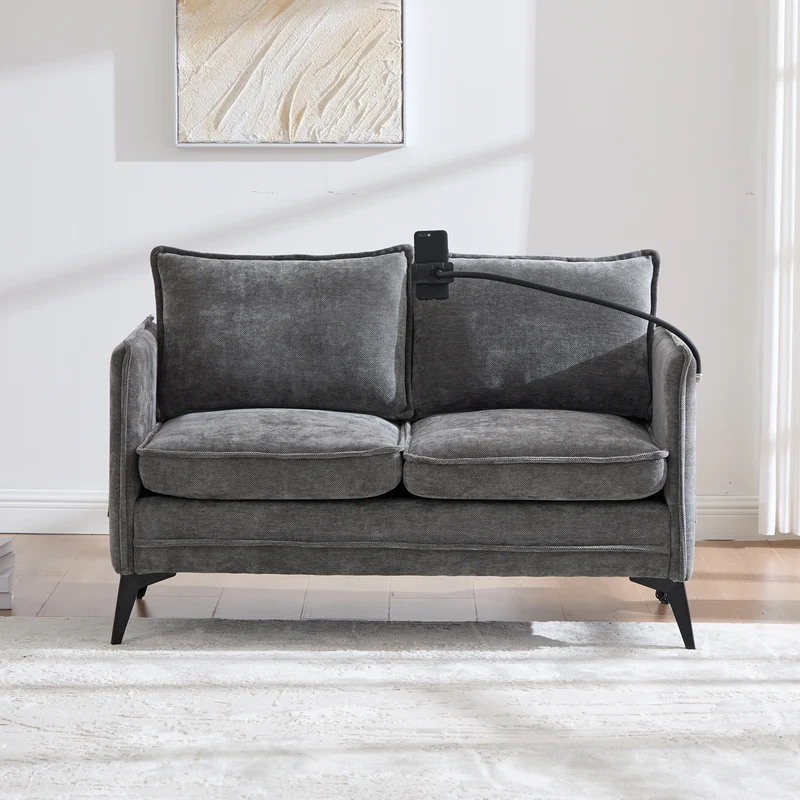 Canapé 2 places en tissu chenille gris avec support téléphone réglable 127x69x66cm INFINITEONYX