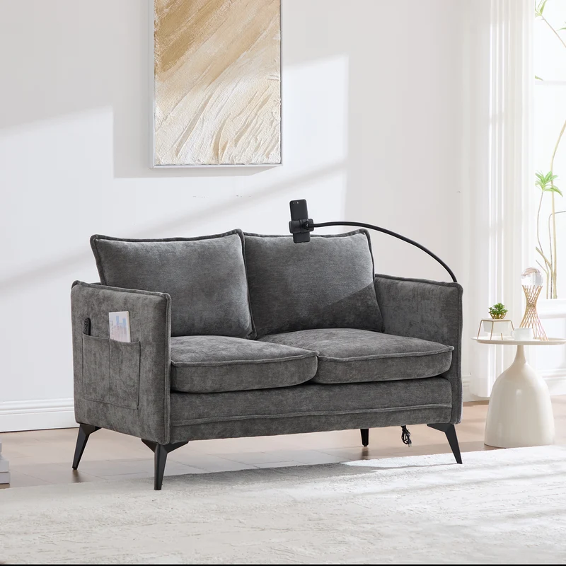 Canapé 2 places en tissu chenille gris avec support téléphone réglable 127x69x66cm INFINITEONYX