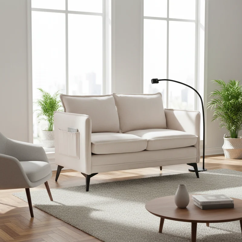 Canapé 2 places en tissu chenille beige avec support téléphone réglable 127x69x66cm INFINITEVORN