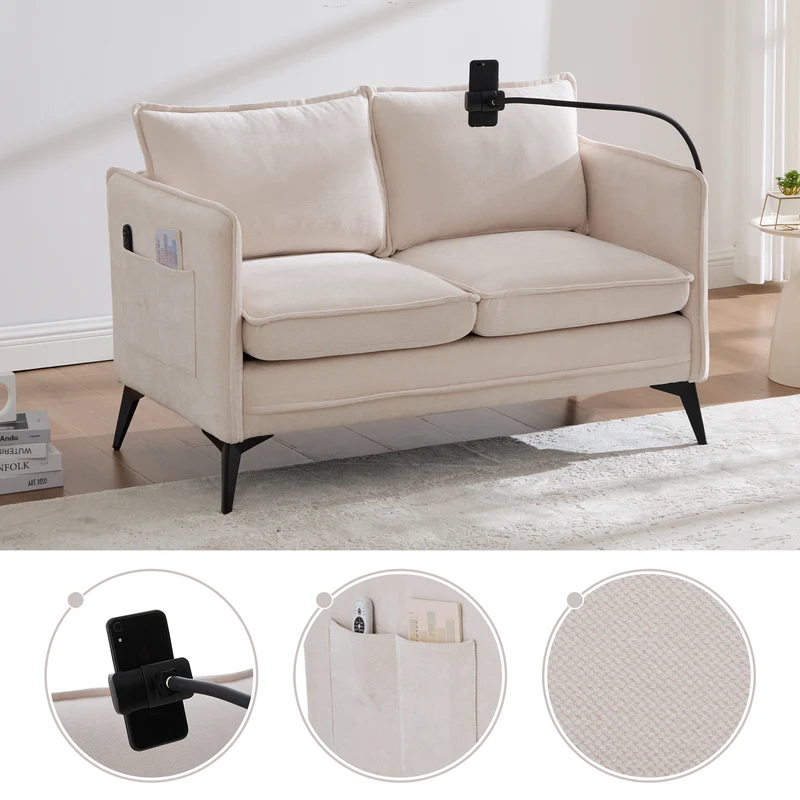 Canapé 2 places en tissu chenille beige avec support téléphone réglable 127x69x66cm INFINITEVORN
