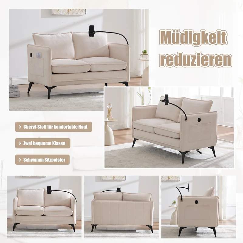 Canapé 2 places en tissu chenille beige avec support téléphone réglable 127x69x66cm INFINITEVORN