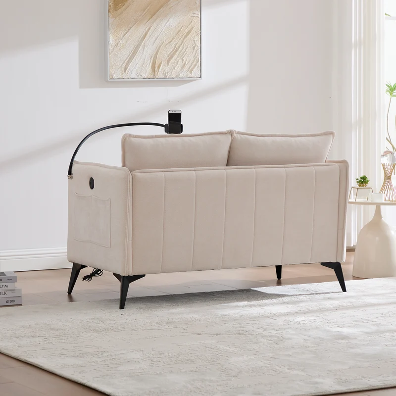 Canapé 2 places en tissu chenille beige avec support téléphone réglable 127x69x66cm INFINITEVORN
