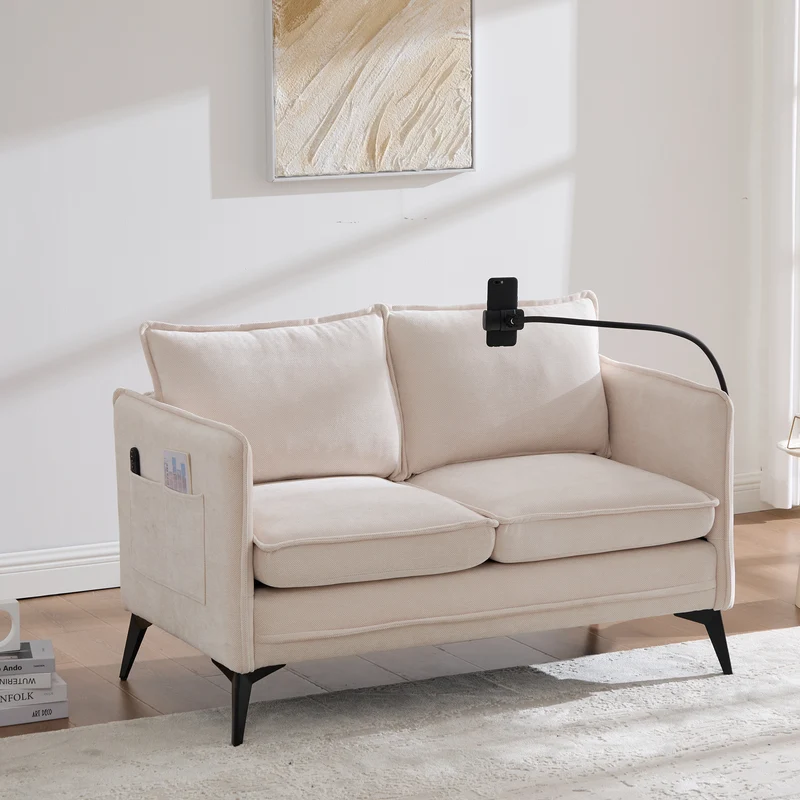 Canapé 2 places en tissu chenille beige avec support téléphone réglable 127x69x66cm INFINITEVORN