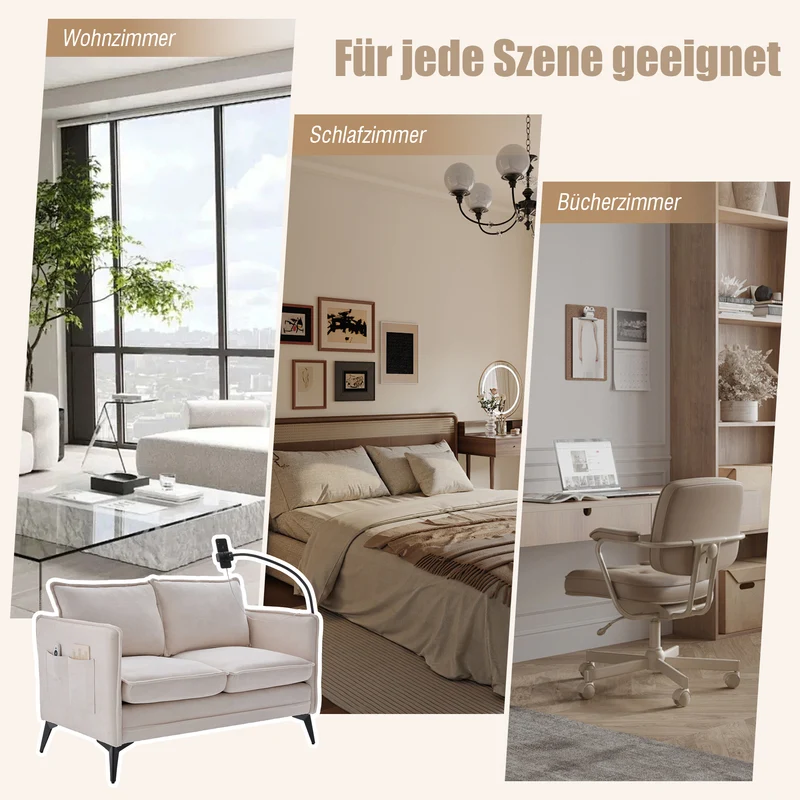 Canapé 2 places en tissu chenille beige avec support téléphone réglable 127x69x66cm INFINITEVORN