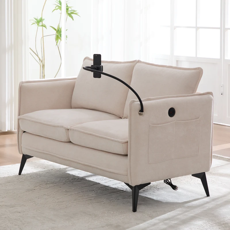 Canapé 2 places en tissu chenille beige avec support téléphone réglable 127x69x66cm INFINITEVORN
