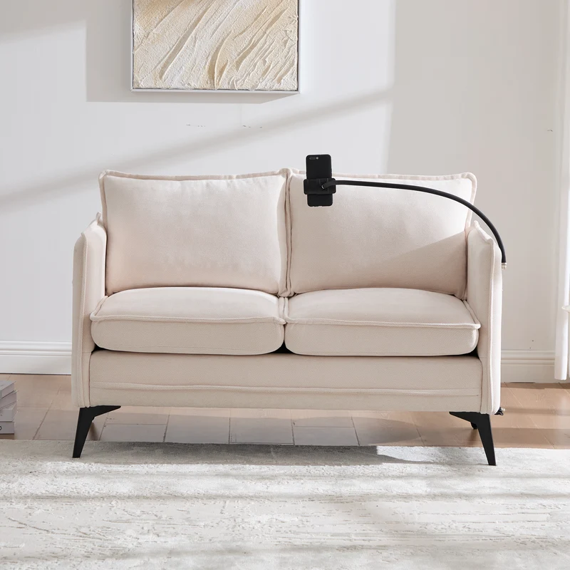 Canapé 2 places en tissu chenille beige avec support téléphone réglable 127x69x66cm INFINITEVORN