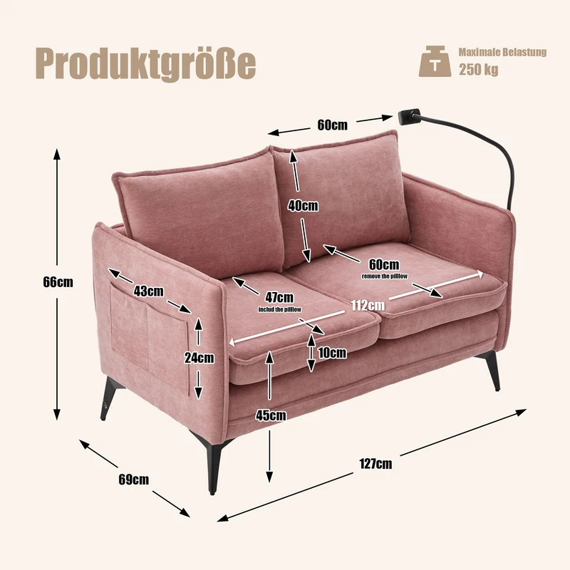 Canapé 2 places en tissu chenille rose avec support téléphone réglable 127x69x66cm INFINITEZORA