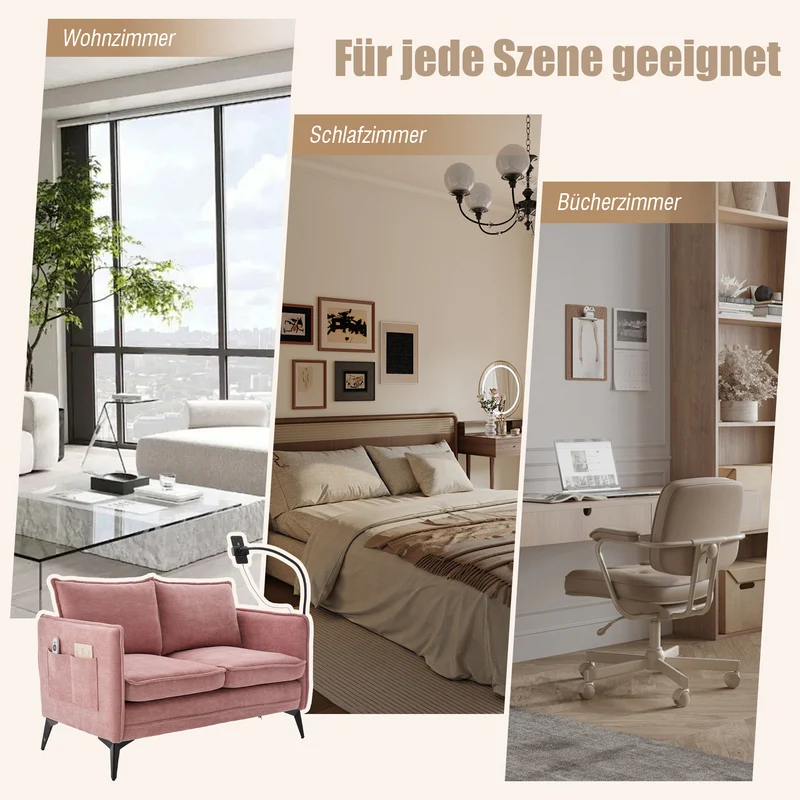 Canapé 2 places en tissu chenille rose avec support téléphone réglable 127x69x66cm INFINITEZORA