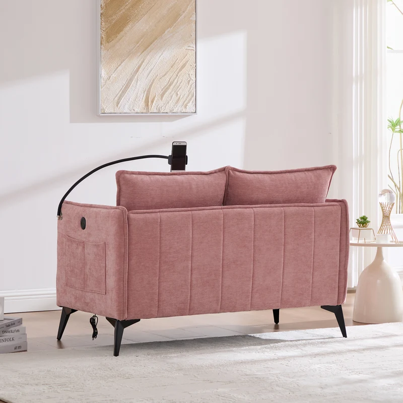 Canapé 2 places en tissu chenille rose avec support téléphone réglable 127x69x66cm INFINITEZORA