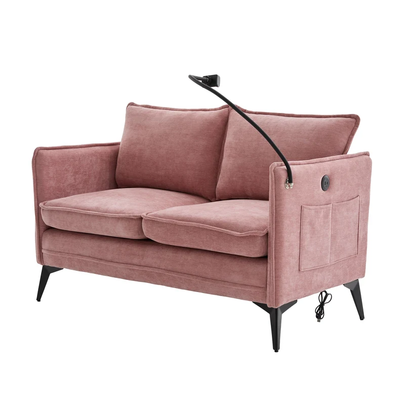 Canapé 2 places en tissu chenille rose avec support téléphone réglable 127x69x66cm INFINITEZORA