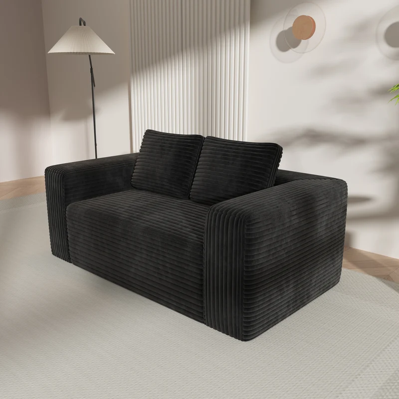 Canapé 2 places tissu côtelé noir avec coussins, sans montage INFINITEZYN