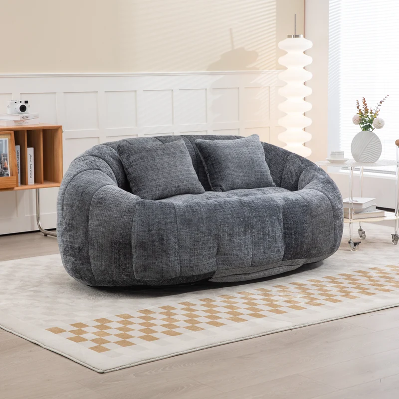 Canapé 2 places en chenille gris, grand fauteuil relax, 2 coussins 150x95x63cm QUASARZYN