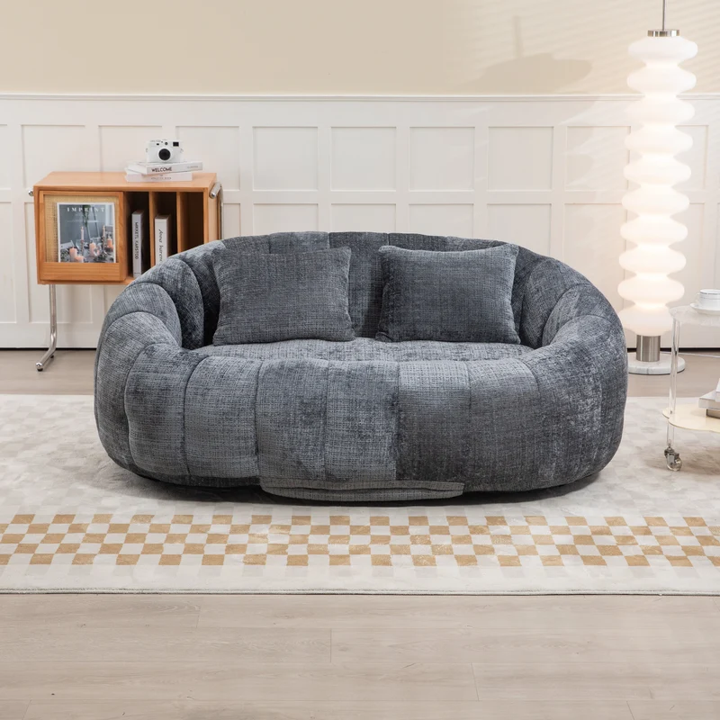 Canapé 2 places en chenille gris, grand fauteuil relax, 2 coussins 150x95x63cm QUASARZYN