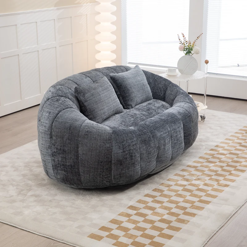 Canapé 2 places en chenille gris, grand fauteuil relax, 2 coussins 150x95x63cm QUASARZYN