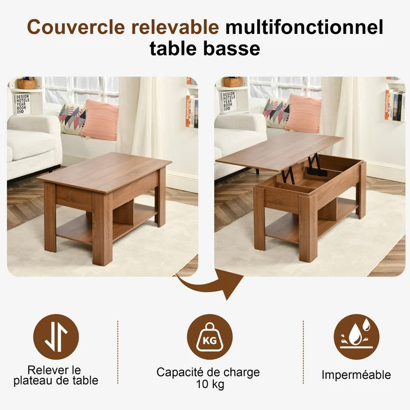 Table basse avec plateau relevable effet bois et marron 96*50 ELOT BROWN 96