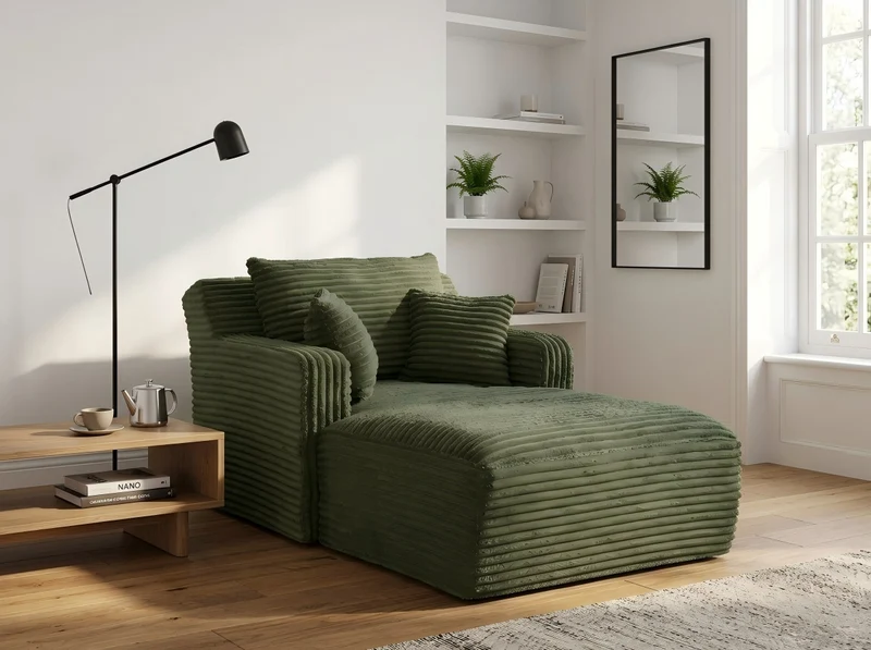 Canapé méridienne lit modulable en velours côtelé vert, sans montage MERIDIANONYX