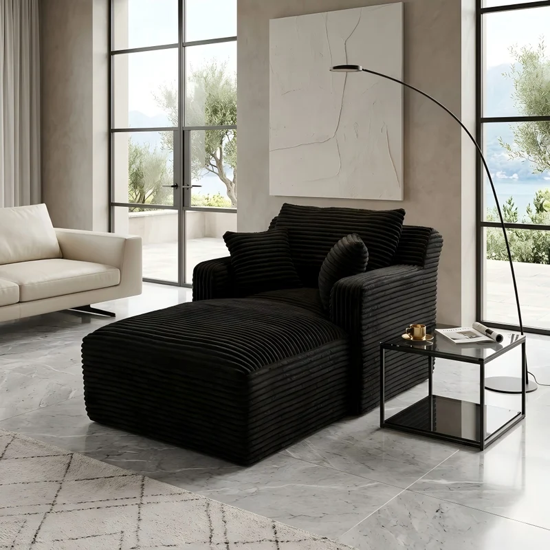 Canapé méridienne lit modulable en velours côtelé noir, sans montage MOMENTUMREX