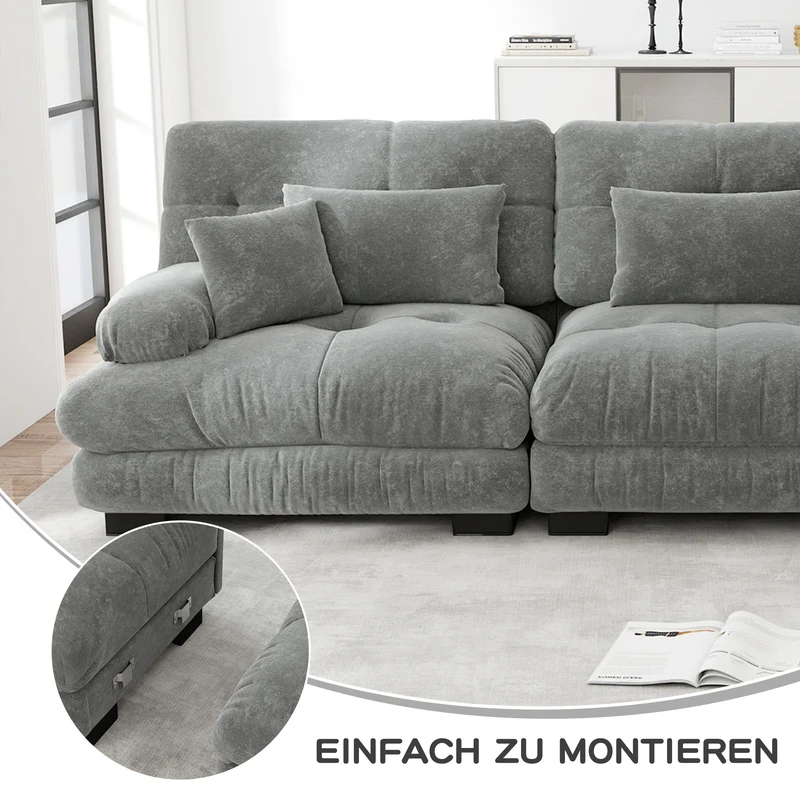 Canapé 3 places modulable en chenille gris avec coussins 220 cm NEXUSZYN