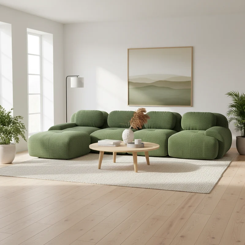 Grand canapé d'angle 4 places modulable en velours côtelé vert kaki avec accoudoirs courbés, sans montage GANOID
