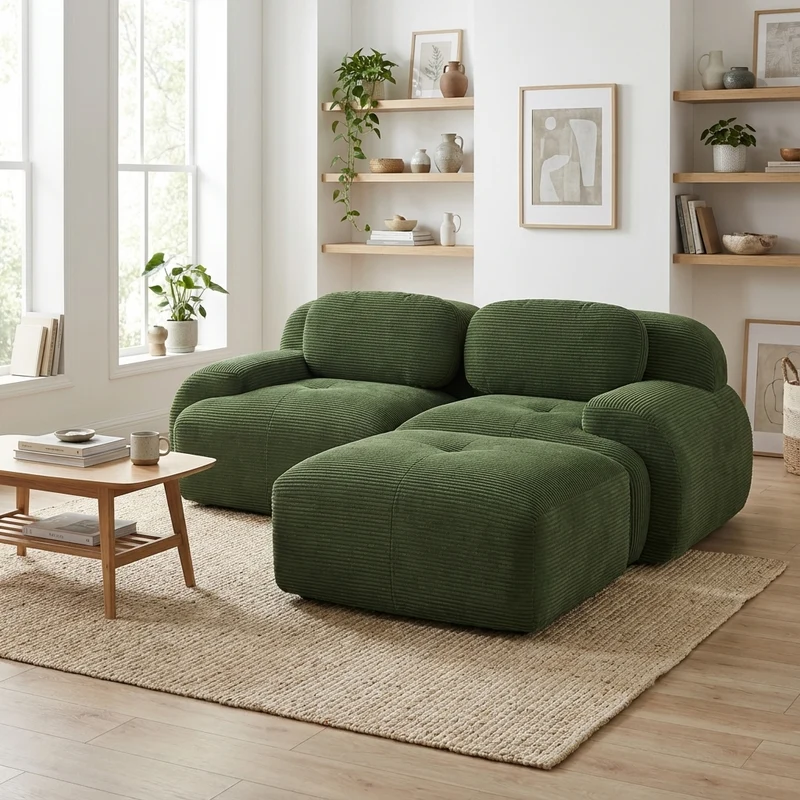 Canapé d'angle modulable en velours côtelé vert kaki avec méridienne et accoudoirs courbés, sans montage GREENFLASH