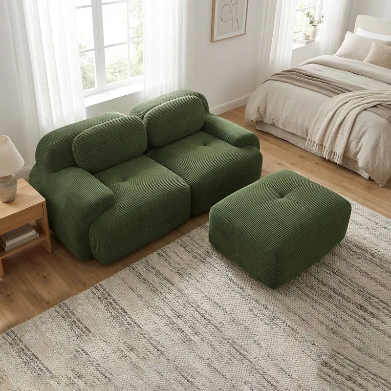 Canapé d'angle modulable en velours côtelé vert kaki avec méridienne et accoudoirs courbés, sans montage GREENFLASH