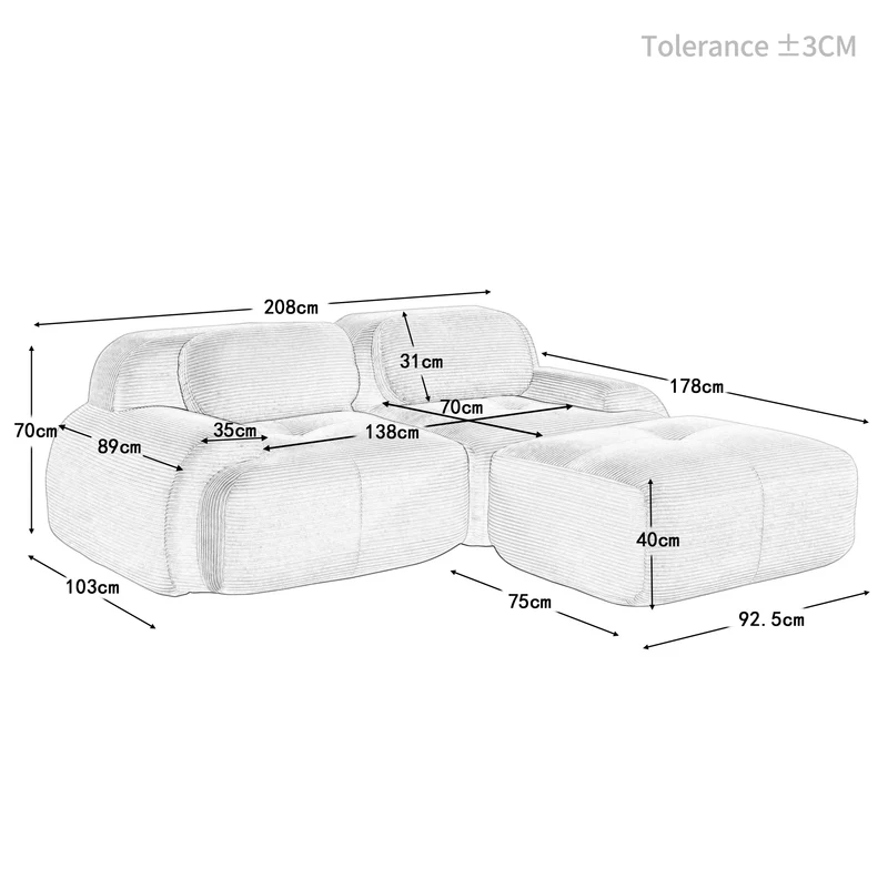 Canapé d'angle modulable en velours côtelé vert kaki avec méridienne et accoudoirs courbés, sans montage GREENFLASH