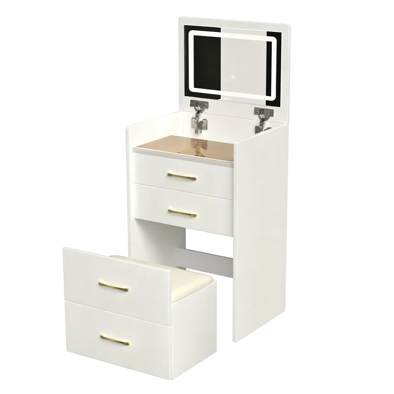 Coiffeuse compacte 3-en-1 avec miroir éclairé, rangement, finition blanc brillant et tabouret NECTARD