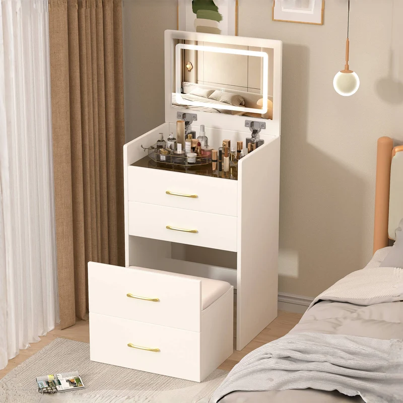 Coiffeuse compacte 3-en-1 avec miroir éclairé, rangement, finition blanc brillant et tabouret NECTARD