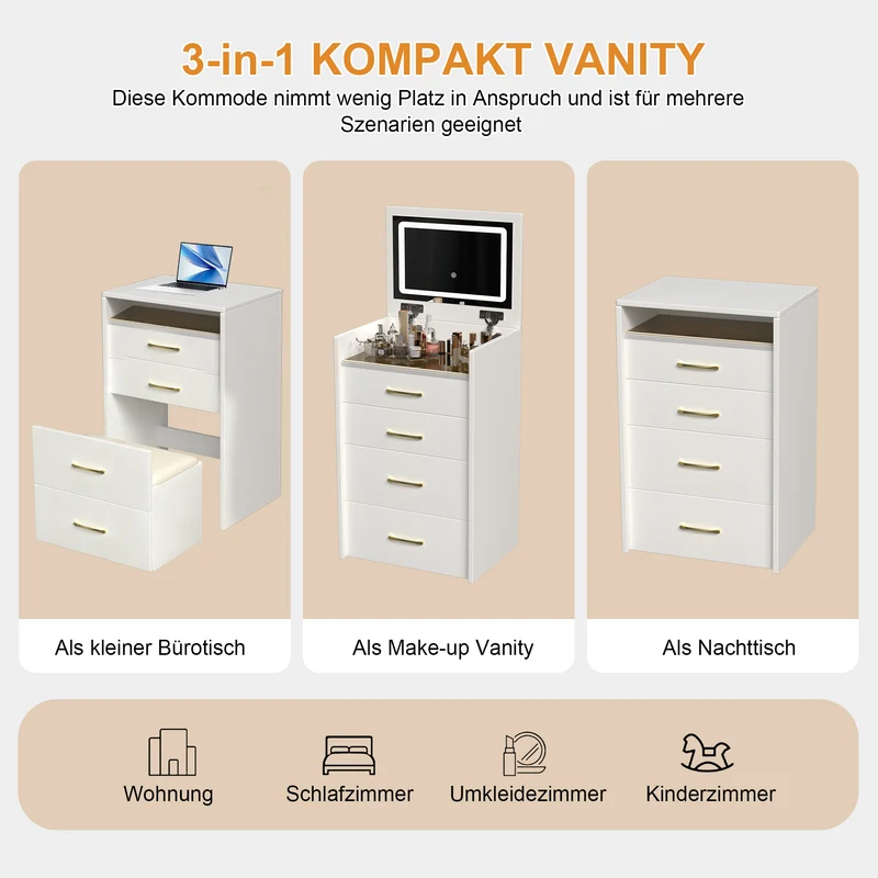 Coiffeuse compacte 3-en-1 avec miroir éclairé, rangement, finition blanc brillant et tabouret NECTARD