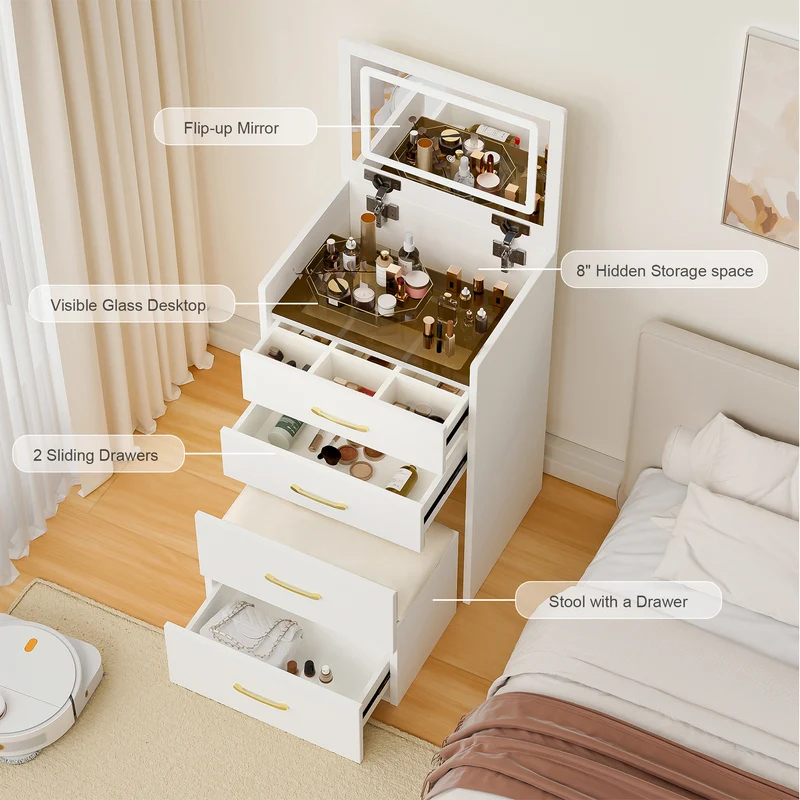 Coiffeuse compacte 3-en-1 avec miroir éclairé, rangement, finition blanc brillant et tabouret NECTARD