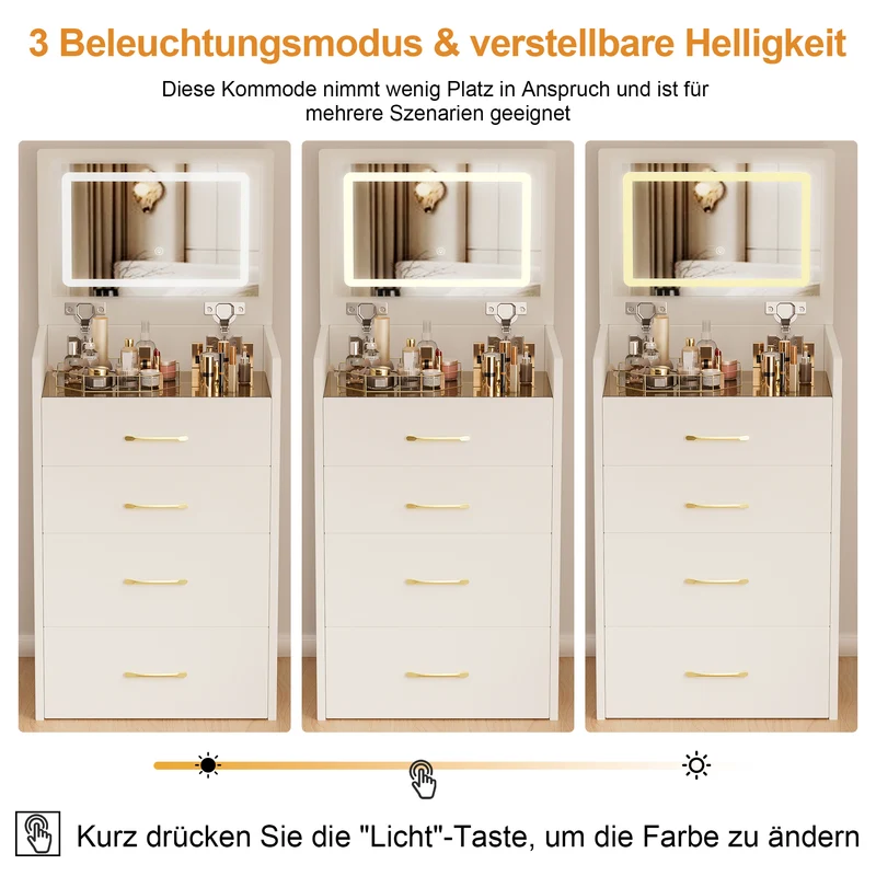 Coiffeuse compacte 3-en-1 avec miroir éclairé, rangement, finition blanc brillant et tabouret NECTARD