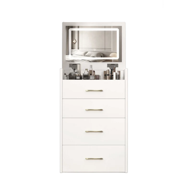 Coiffeuse compacte 3-en-1 avec miroir éclairé, rangement, finition blanc brillant et tabouret NECTARD