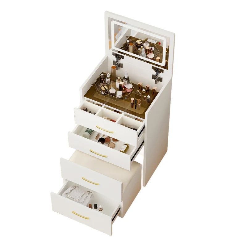 Coiffeuse compacte 3-en-1 avec miroir éclairé, rangement, finition blanc brillant et tabouret NECTARD