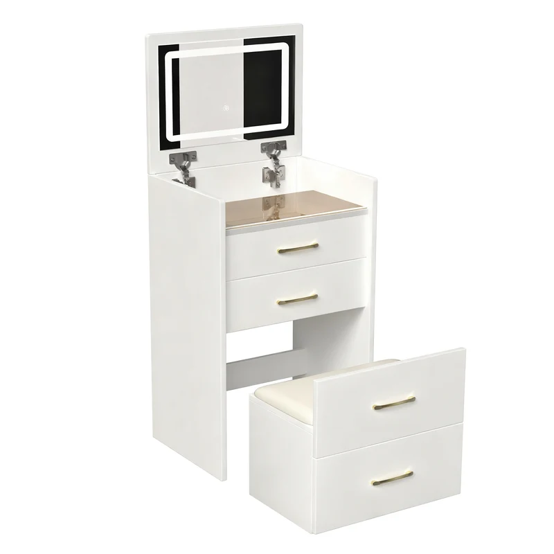 Coiffeuse compacte 3-en-1 avec miroir éclairé, rangement, finition blanc brillant et tabouret NECTARD