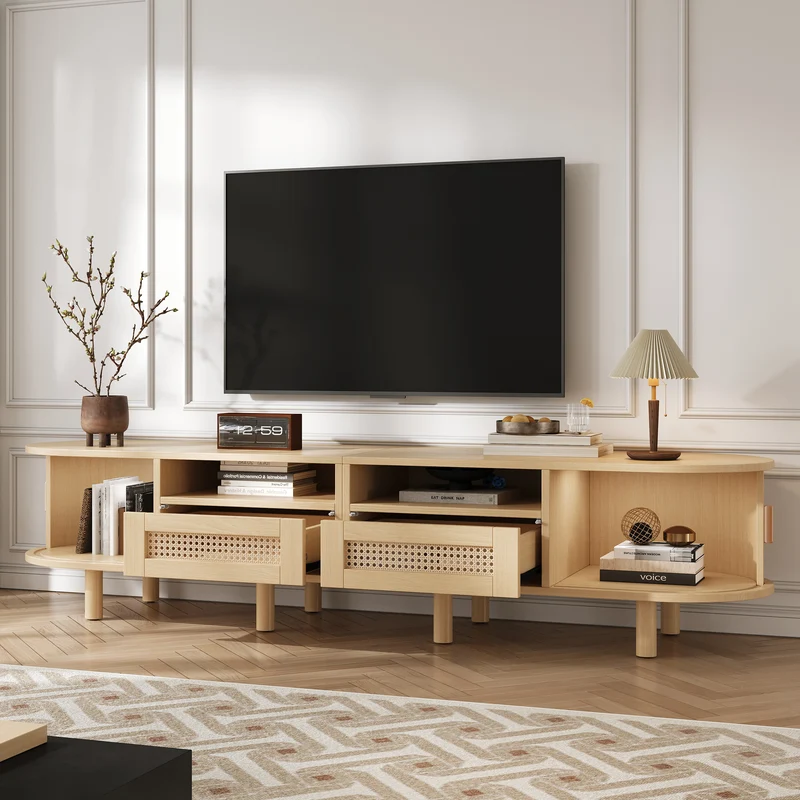 Meuble TV ovale effet bois, 2 portes coulissantes en rotin synthétique et 2 tiroirs TRAUXAID
