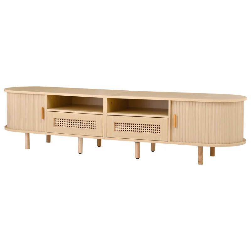 Meuble TV ovale effet bois, 2 portes coulissantes en rotin synthétique et 2 tiroirs TRAUXAID