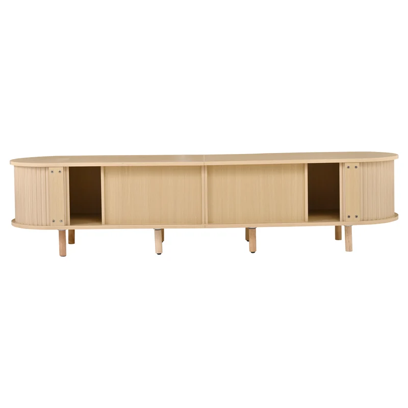 Meuble TV ovale effet bois, 2 portes coulissantes en rotin synthétique et 2 tiroirs TRAUXAID