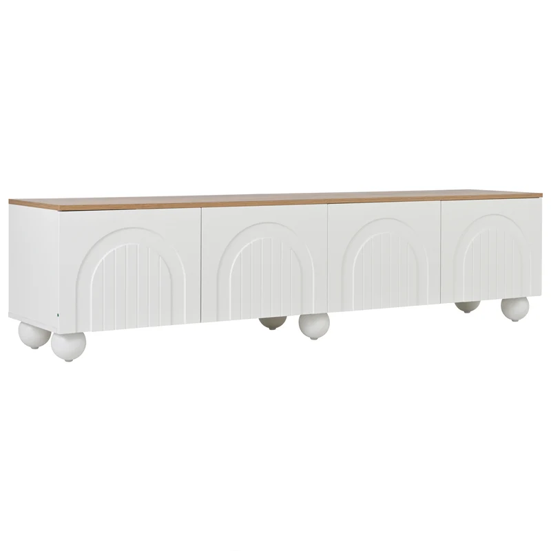 Meuble TV blanc et effet chêne 4 portes avec motifs incurvés, pieds boules CIRCULAR