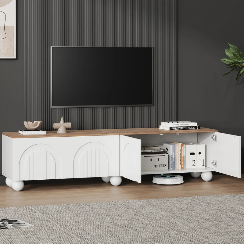 Meuble TV blanc et effet chêne 4 portes avec motifs incurvés, pieds boules CIRCULAR
