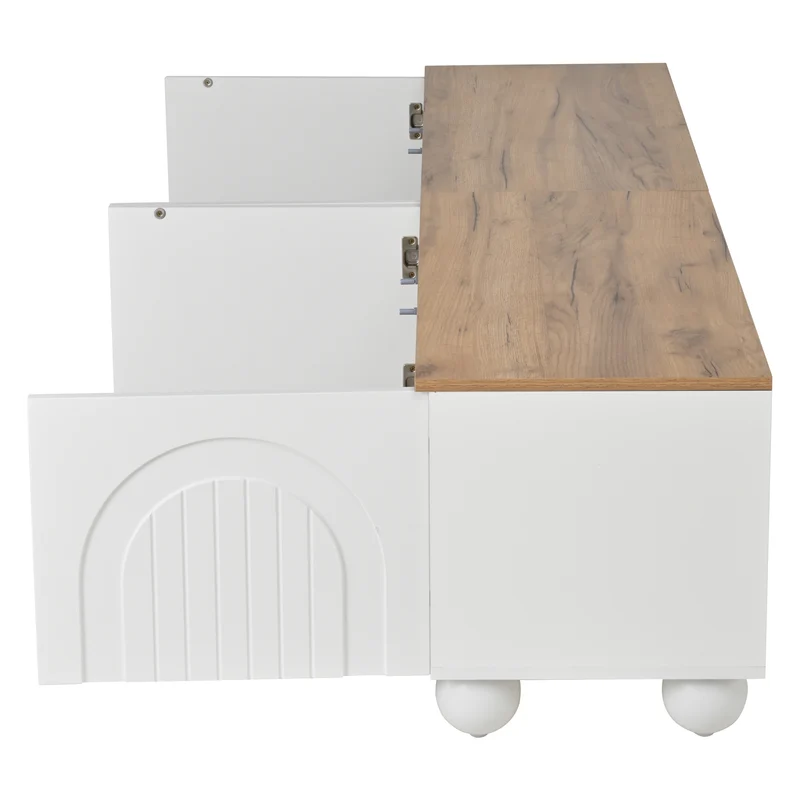 Meuble TV blanc et effet chêne 4 portes avec motifs incurvés, pieds boules CIRCULAR