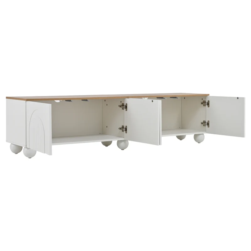 Meuble TV blanc et effet chêne 4 portes avec motifs incurvés, pieds boules CIRCULAR